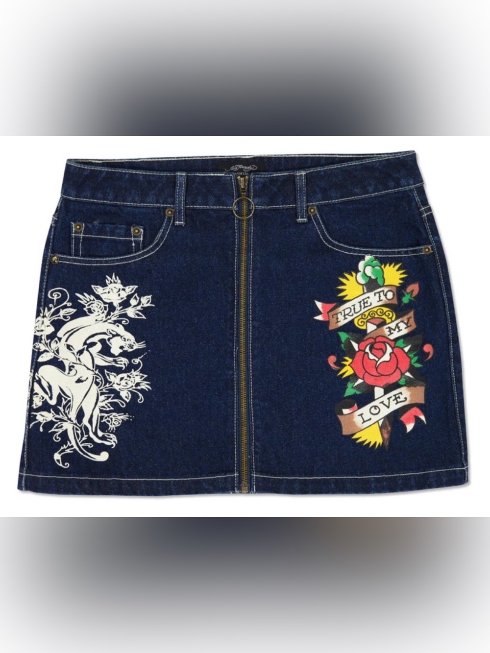 Ed Hardy Panther Zipper Front Denim Mini Skirt Size Large